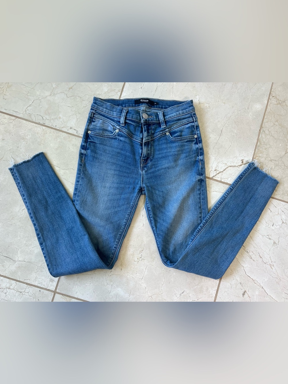Hudson Barbara High Waist Super Skinny Leg Ankle Jeans Raw Frayed Hem Size 25